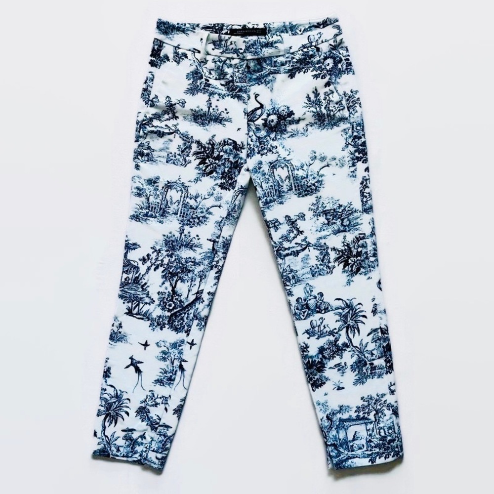 Zara Traditional Blue Willow Wedgwood Design Cropped Trousers | Sz 2